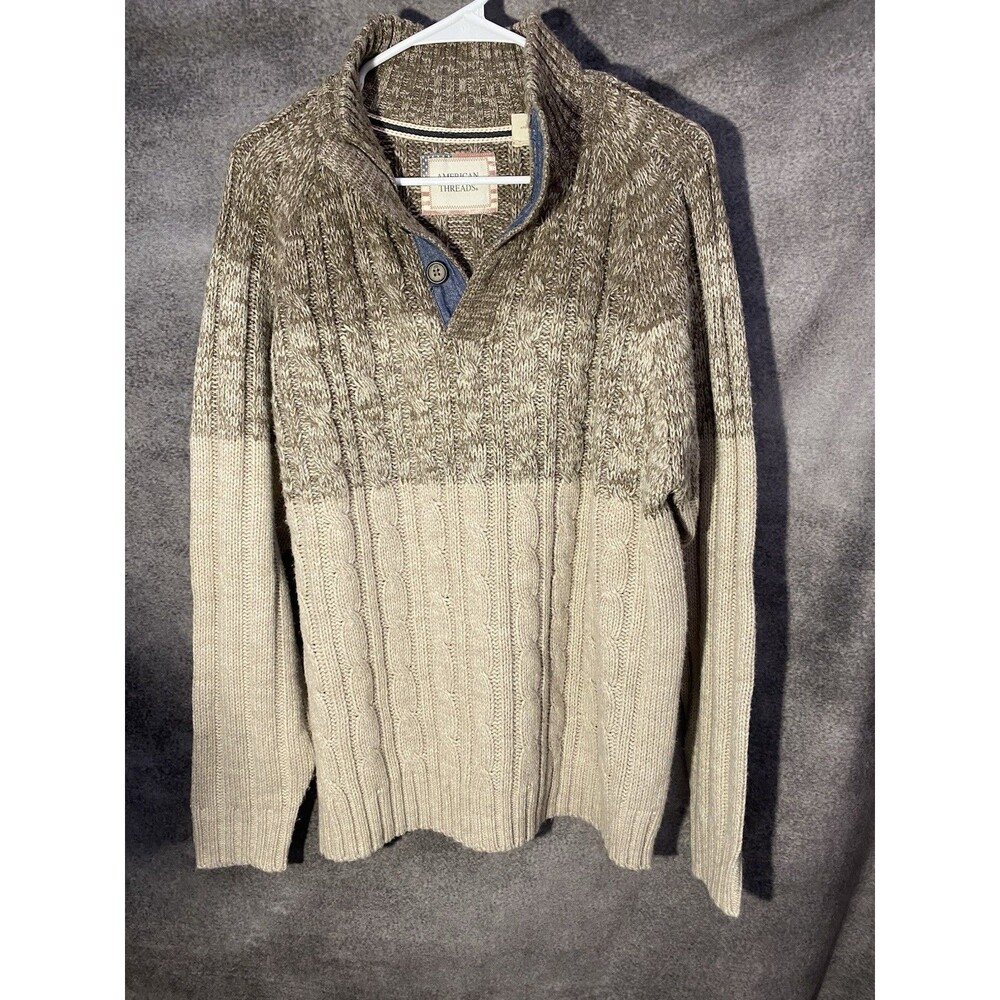 American Threads Men’s Cable Knit Sweater XL Tan Brown Ombre Quarter Button